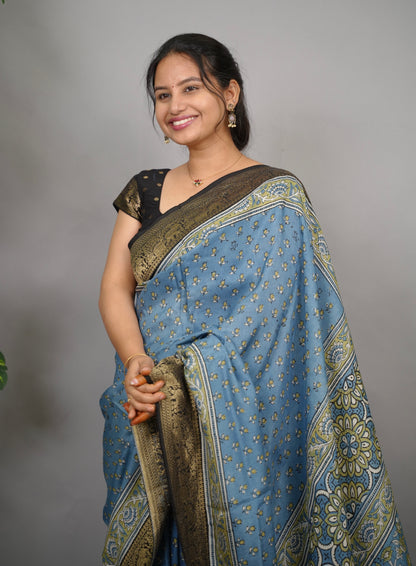 Ajrakh Dola Silk Saree - Blue | Looms & Tassels