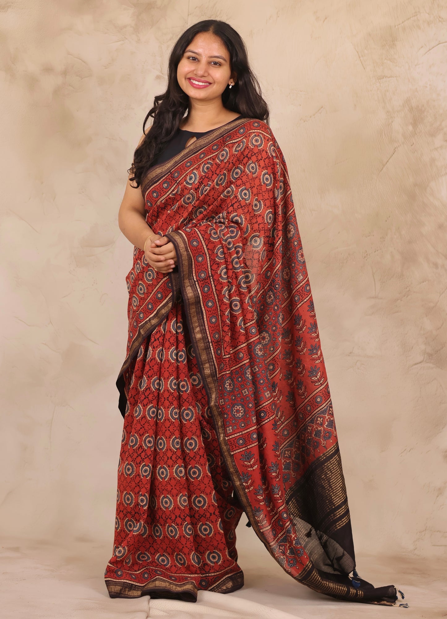 Maheswari Silk Cotton Ajrakh Handblock Printed Saree | Looms & Tassels