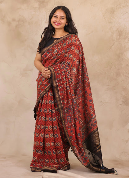Maheswari Silk Cotton Ajrakh Handblock Printed Saree | Looms & Tassels