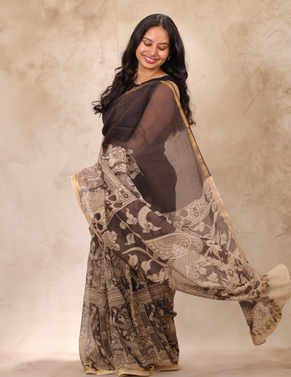 Light Black Kota Doria Saree with Kalamkari Handblock Prints | Looms & Tassels