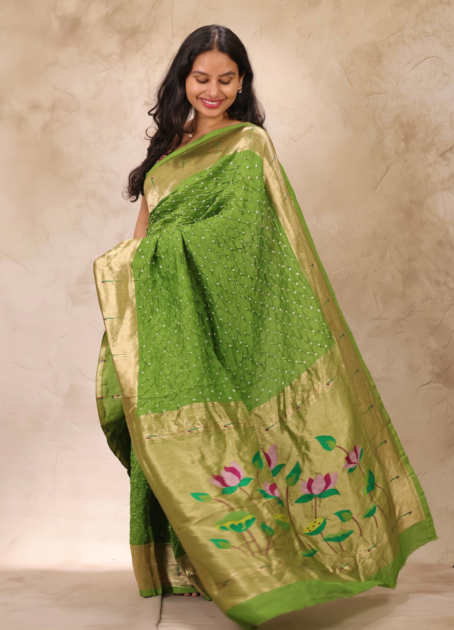 Green Handcrafted Bandhani Paithani Dola Silk Saree | Looms & Tassels