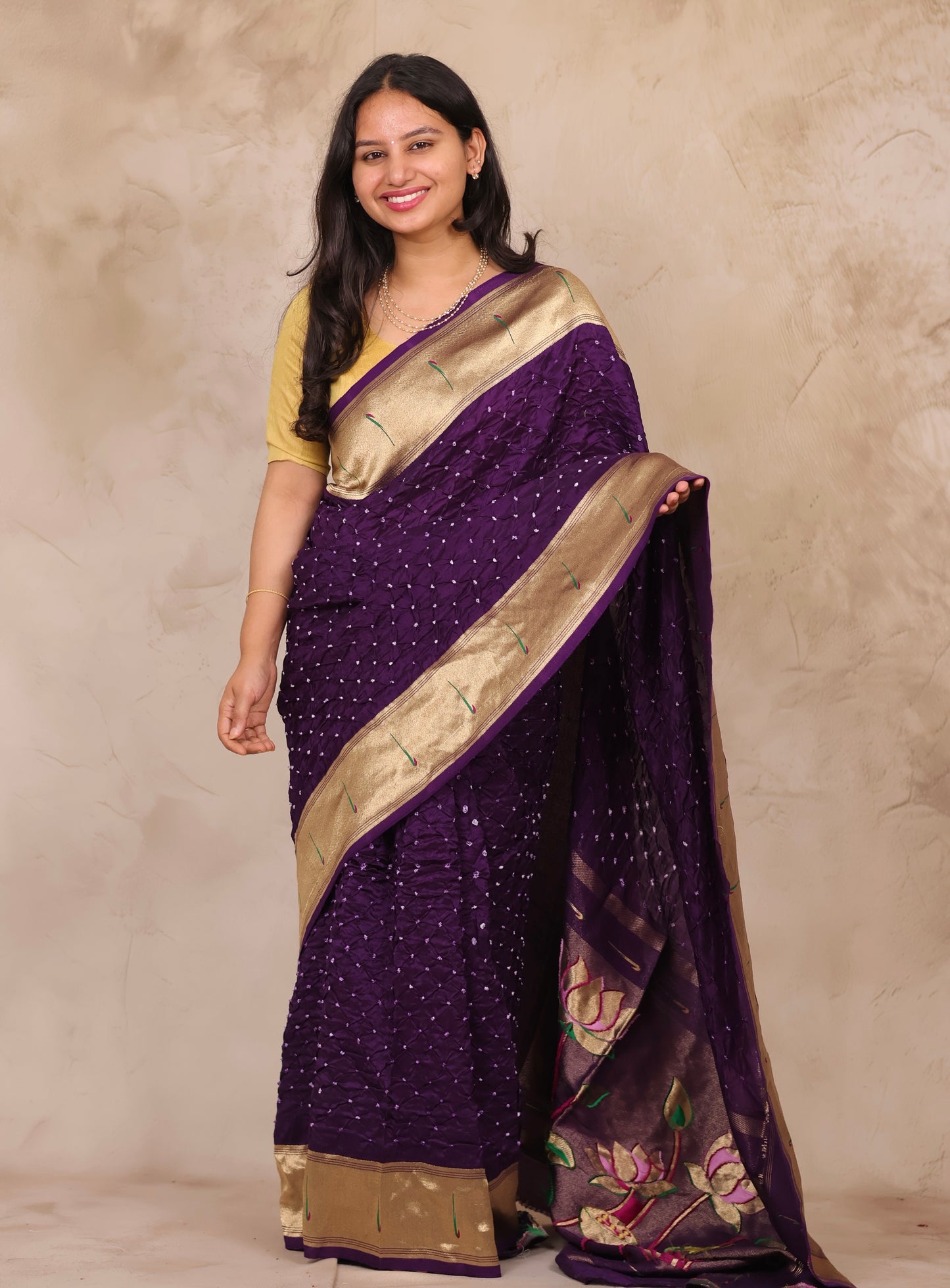 Purple Handcrafted Bandhani Paithani Dola Silk Saree | Looms & Tassels