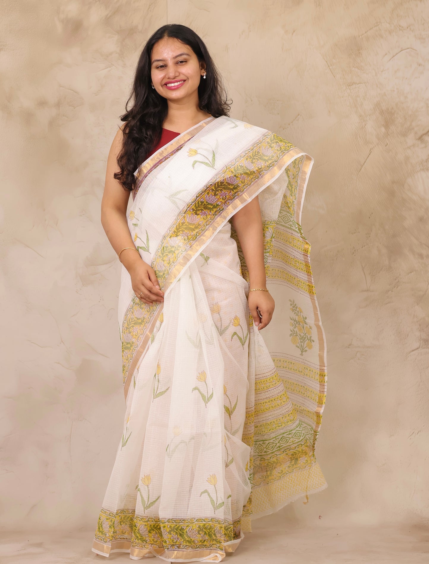 White Pure Kota Doria Saree with Bagru Handblock Prints | Looms & Tassels