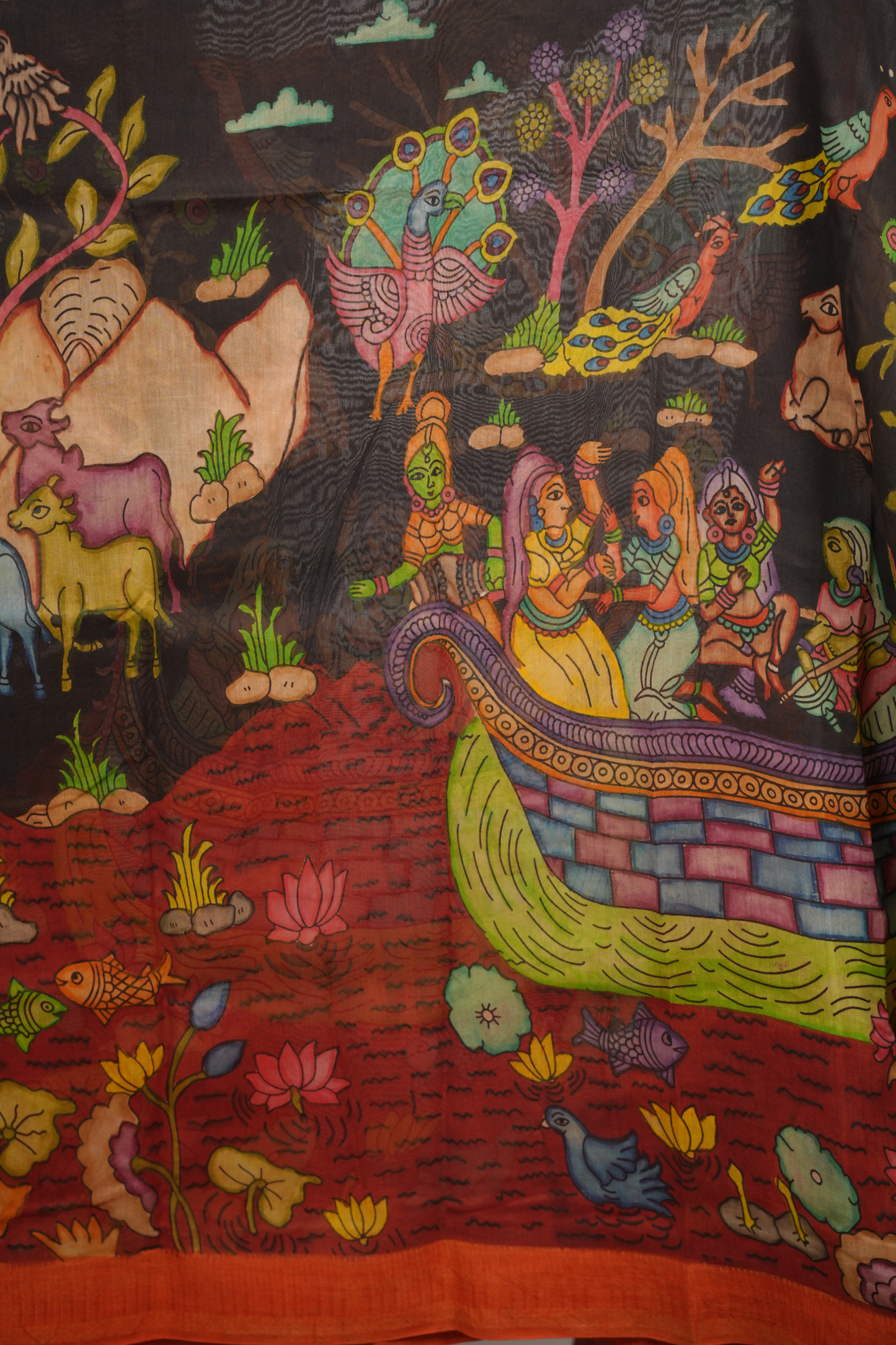 Black Hand Drawn Pen Kalamkari Bangalore Silk Gicha Border Saree | Looms & Tassels