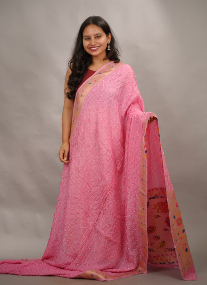 Pink Handcrafted Bandhani Paithani Dola Silk Saree | Looms & Tassels