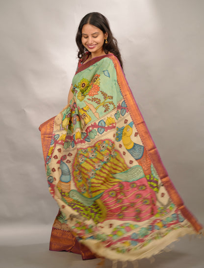 Pista Green Hand Drawn Pen Kalamkari Bangalore Silk Kanchi Border Saree | Looms & Tassels
