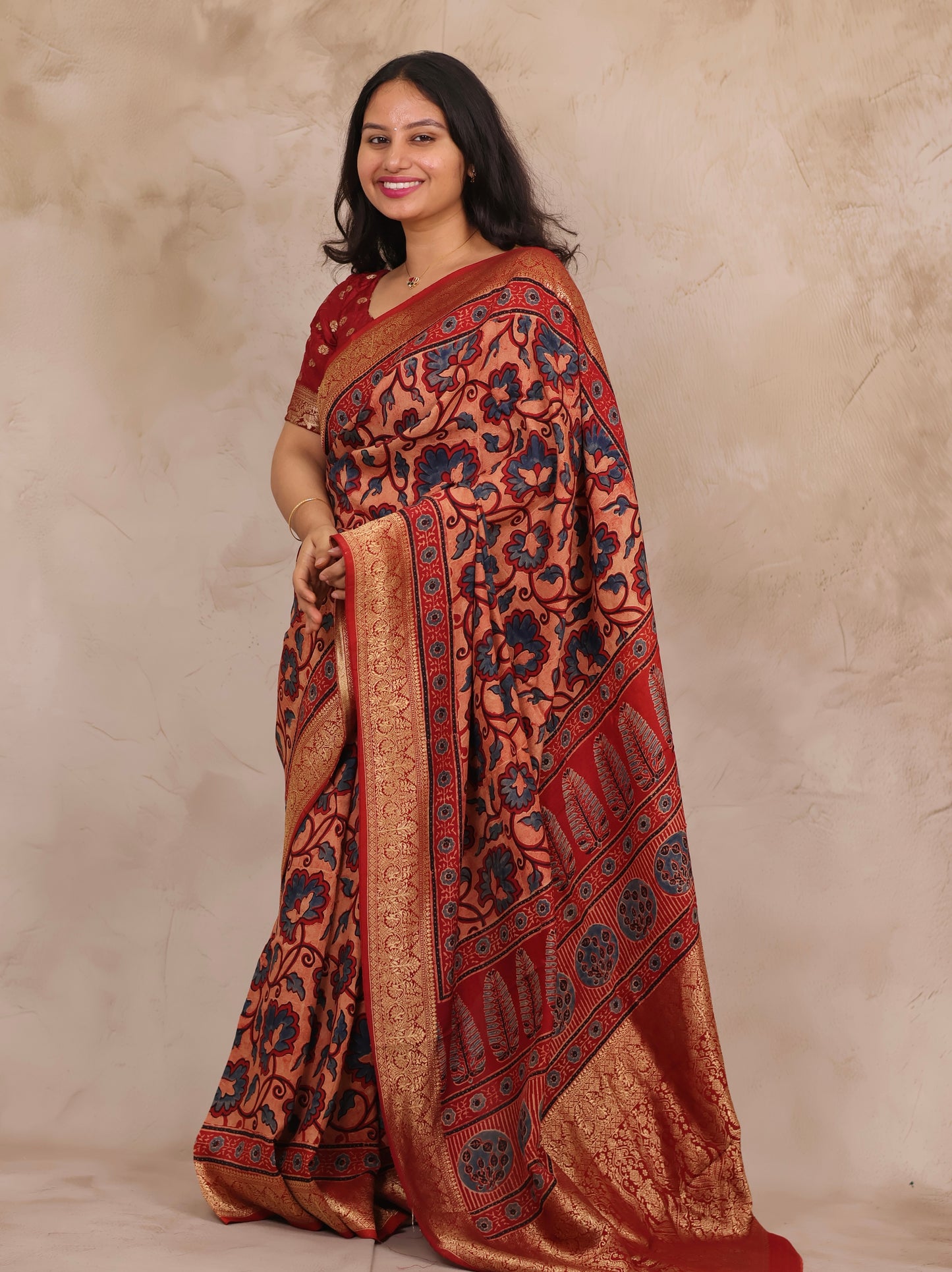 Onion Pink & Blue Ajrakh Handblock printed Dola Silk Saree | Looms & Tassels