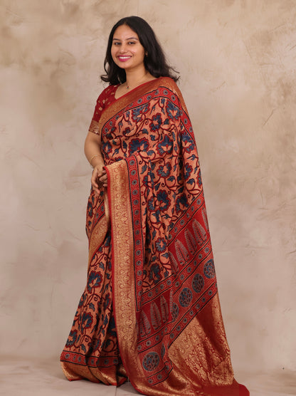 Onion Pink & Blue Ajrakh Handblock printed Dola Silk Saree | Looms & Tassels