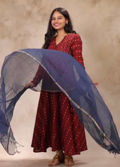 Maroon Pure Cotton Ajrakh Hand Block Printed Angarkha Kurta with Kota Dupatta | Looms & Tassels