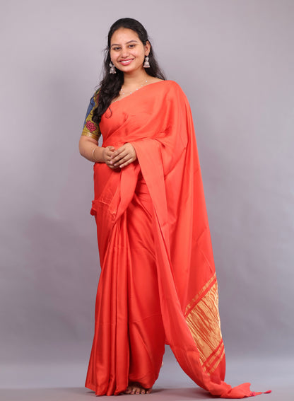 Orange Plain Modal Silk Saree with Lagdi Pallu | Looms & Tassels