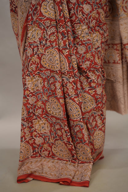 Red Hand Block Printed Kalamkari Cotton Saree | Looms & Tassels