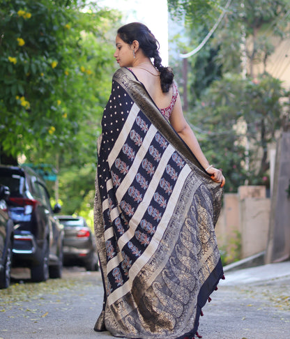 Black Ajrakh Dola Silk Saree