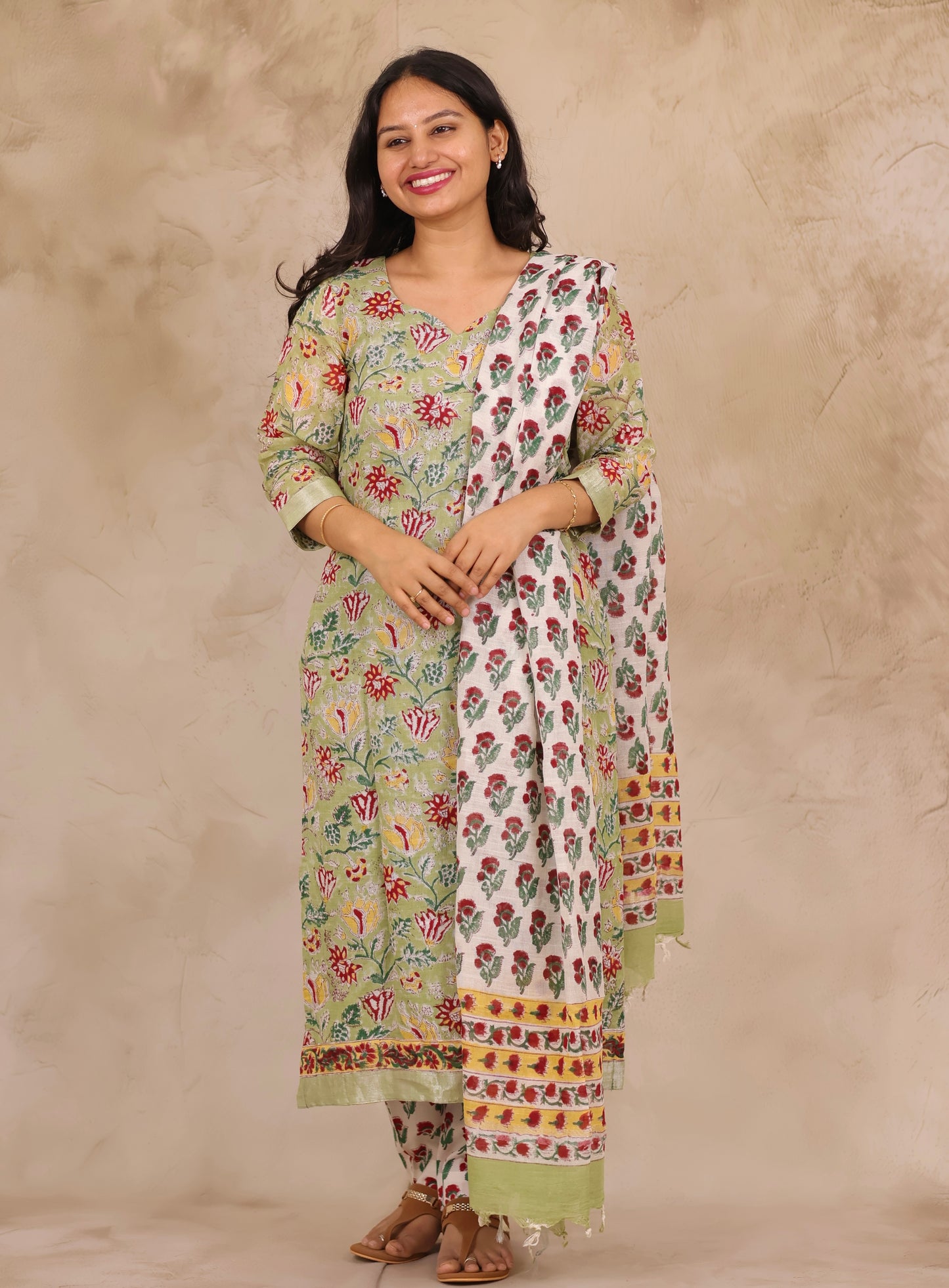 Green Linen Cotton Handblock printed 3 piece suit (stitched)