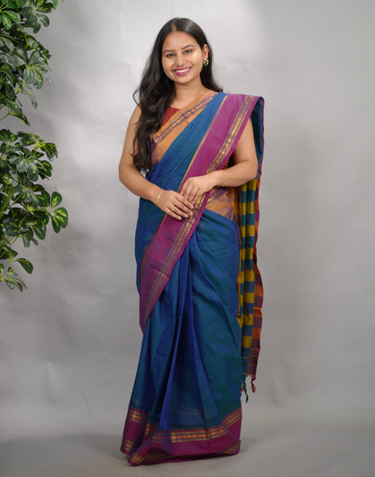 Peacock Blue Narayanpet Cotton Saree With Ganga And Jamuna Border | Looms & Tassels
