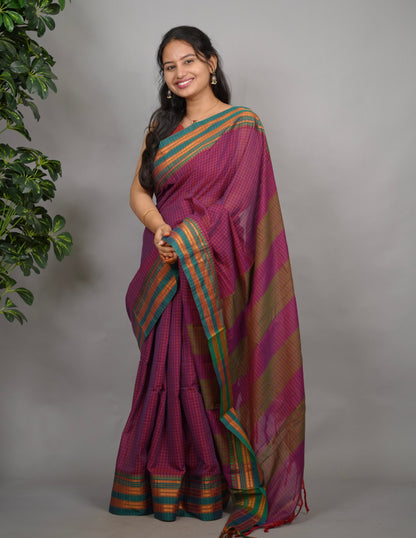 Magenta Checks Narayanpet Cotton Saree with Traditional contrast Border | Looms & Tassels