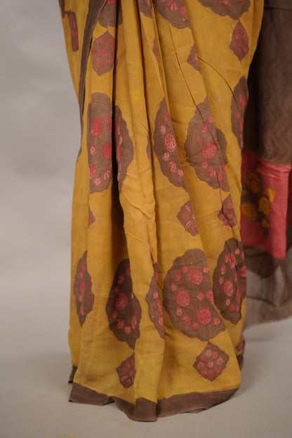 Mustard Georgette Hand Block Printed Saree| Looms & Tassels