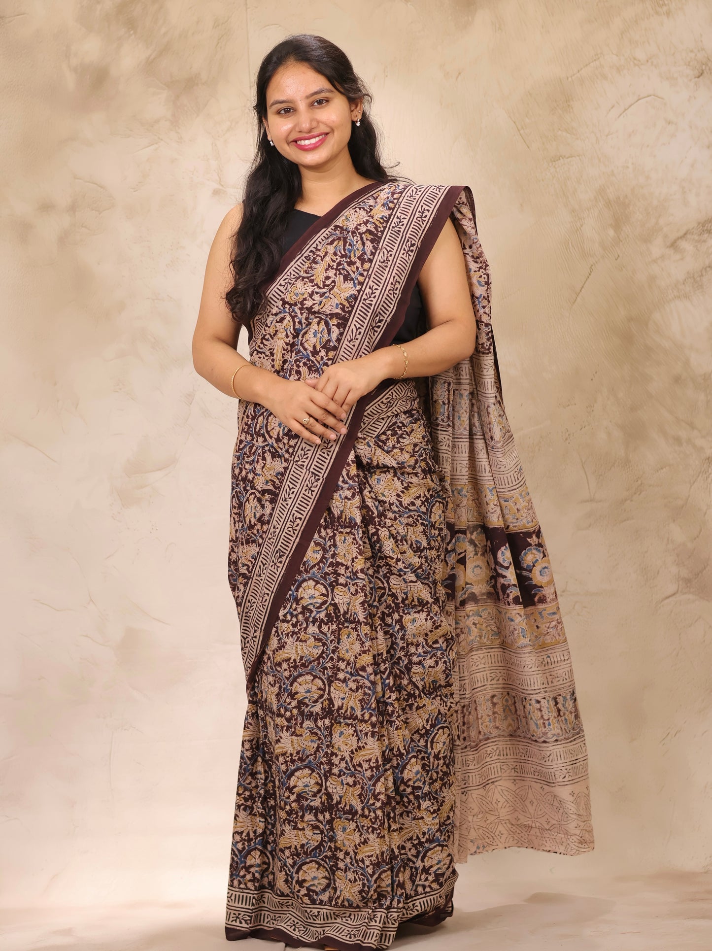 Brown Hand Block Printed Kalamkari Cotton Saree | Looms & Tassels