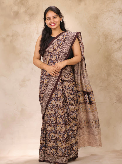 Brown Hand Block Printed Kalamkari Cotton Saree | Looms & Tassels