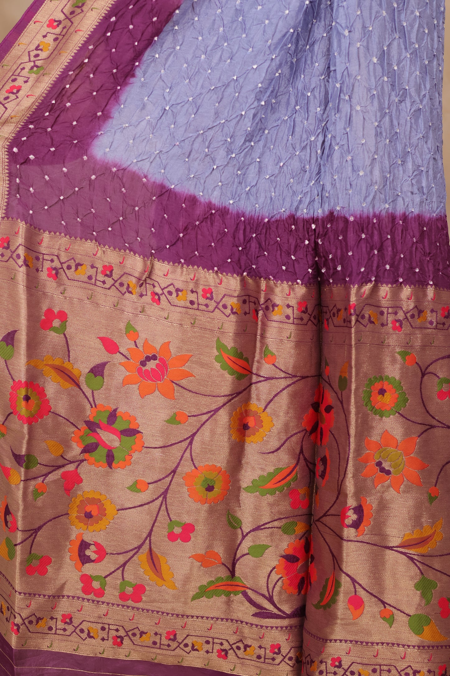 Lavender Blue & Purple Handcrafted Bandhani Paithani Dola Silk Saree | Looms & Tassels