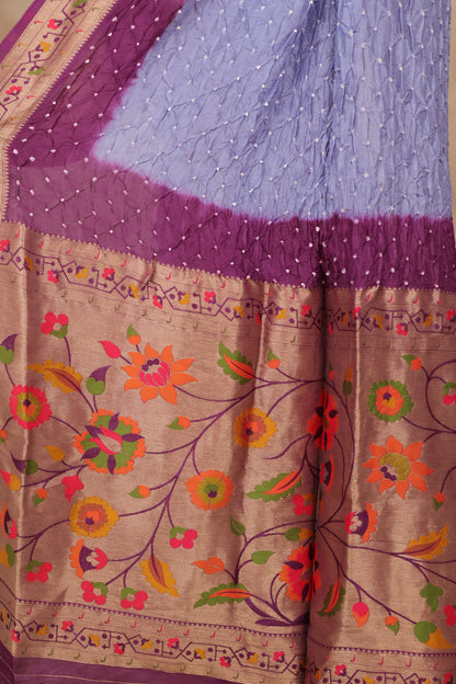 Lavender Blue & Purple Handcrafted Bandhani Paithani Dola Silk Saree | Looms & Tassels