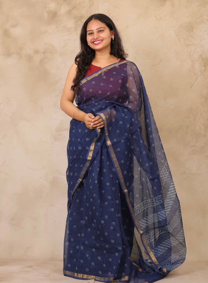 Dark Blue Pure Kota Doria Saree with Bagru Handblock Prints | Looms & Tassels
