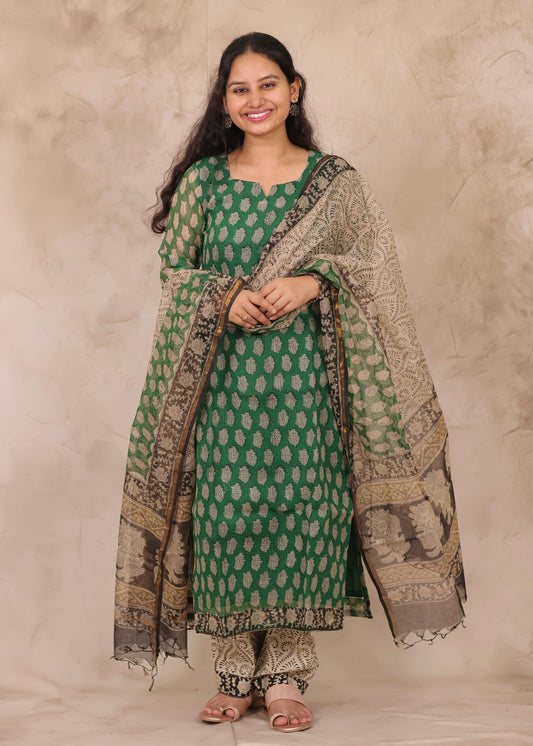 Green Handblock printed kota 3 piece suit (stitched)
