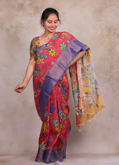 Hand Drawn Pen Kalamkari Pink And Blue Bangalore Silk Kanchi Border Saree | Looms & Tassels