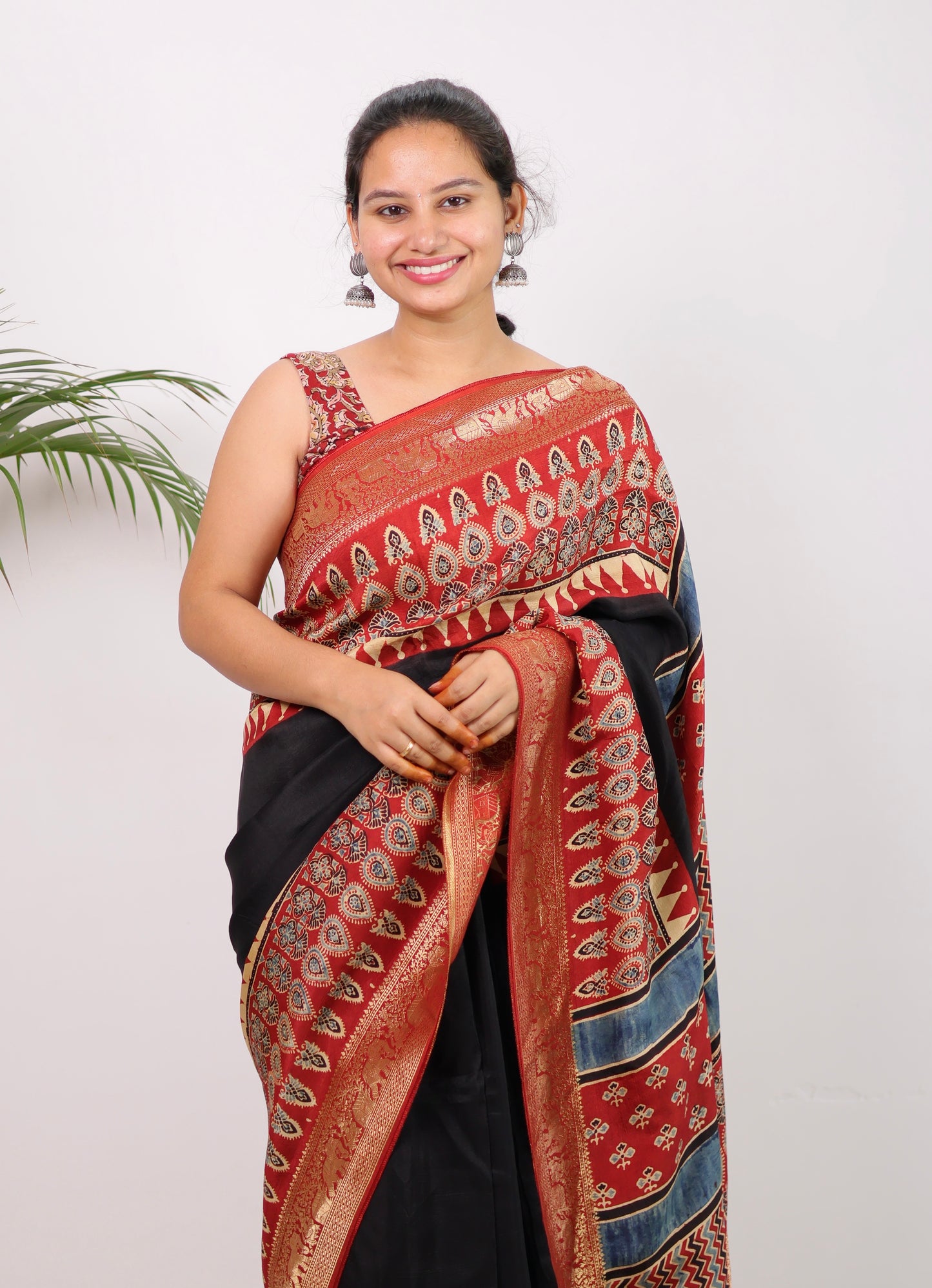 Black & Red Ajrakh Dola Silk Saree