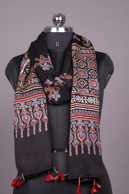 Black Ajrakh Hand Block Printed Modal Silk Stole | Looms & Tassels