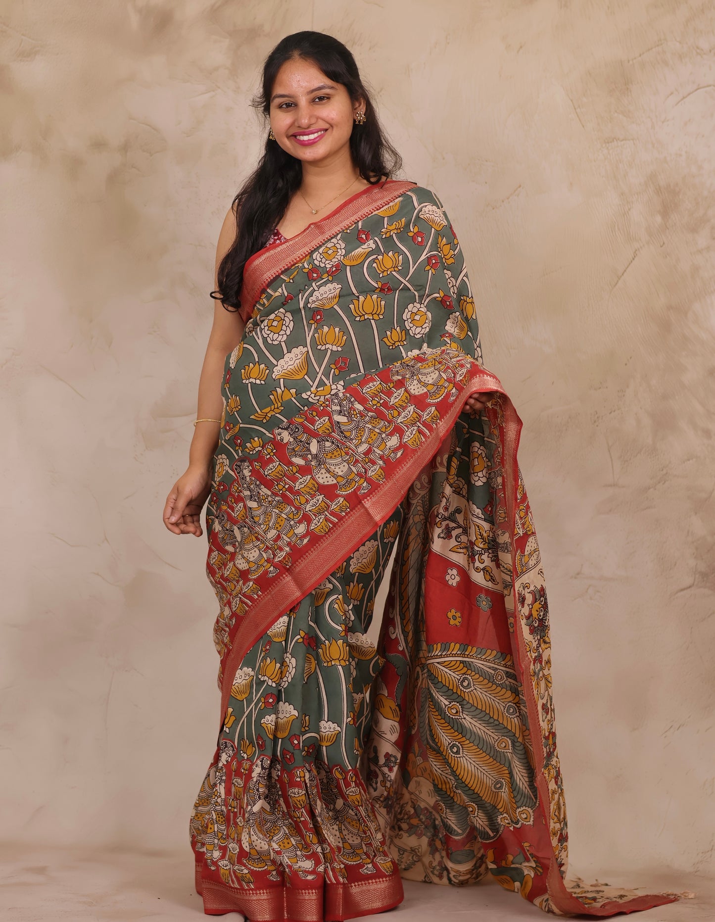 Gray Kalamkari Nizam Border Chennur Silk Saree | Looms & Tassels