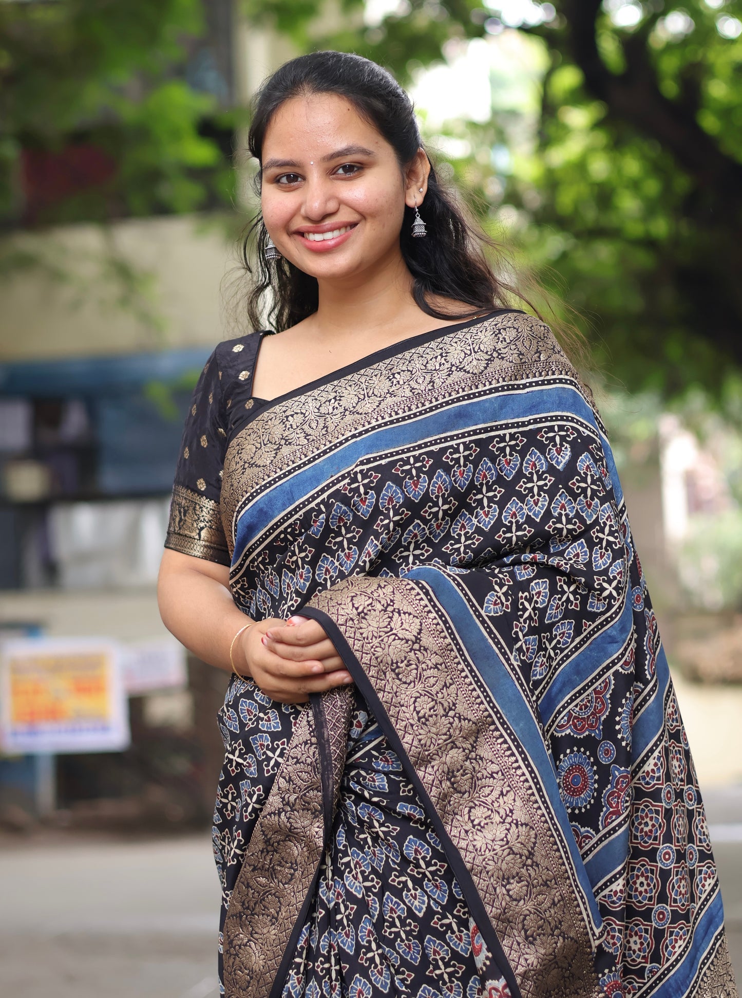 Black Ajrakh Dola Silk Saree