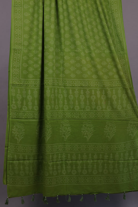 Green Bagru Handblock printed MulMul cotton saree with Tassels