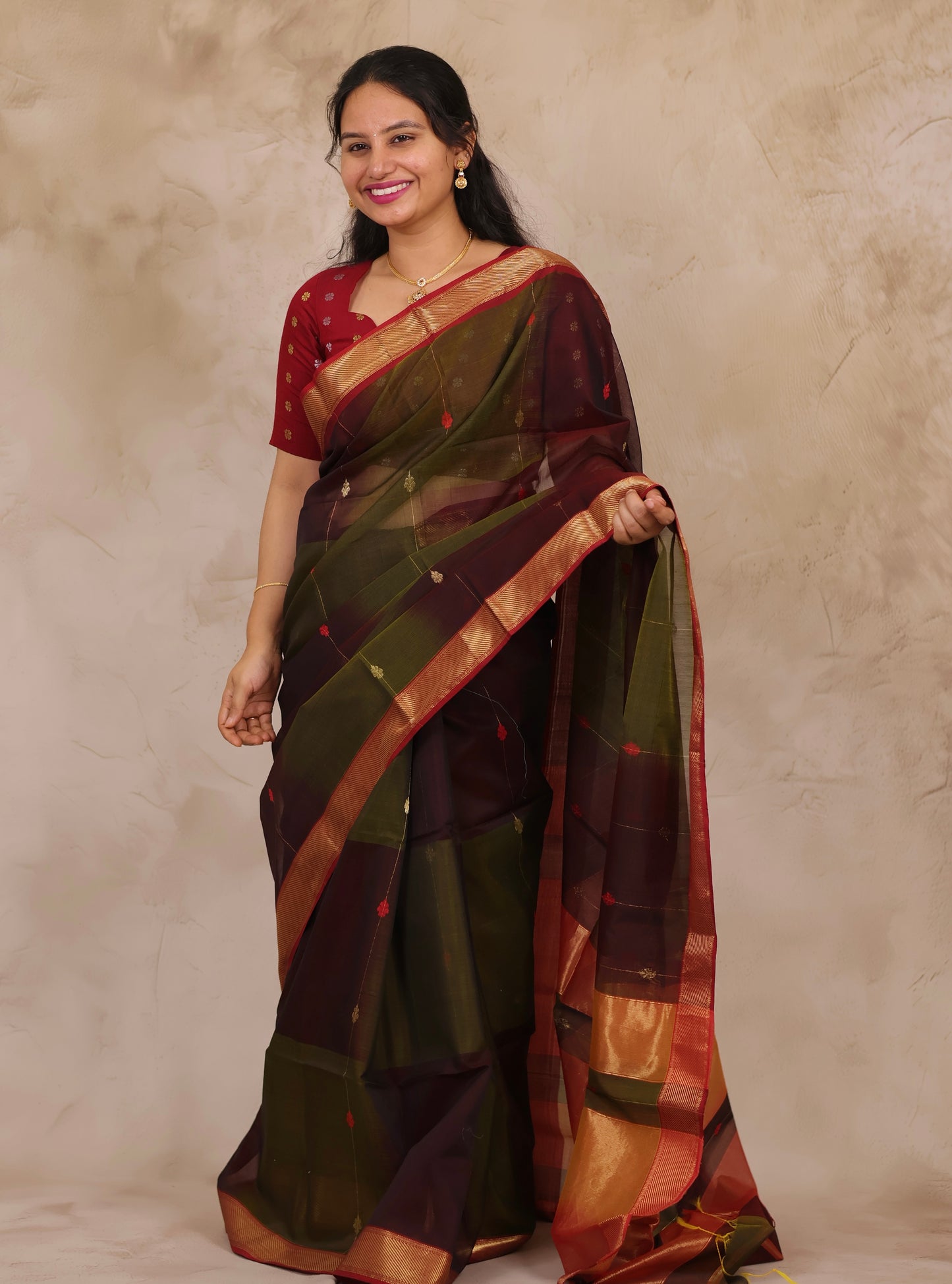 Wine & Green Handloom Maheswari Silk Cotton Sarees | Looms & Tassels
