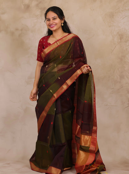 Wine & Green Handloom Maheswari Silk Cotton Sarees | Looms & Tassels