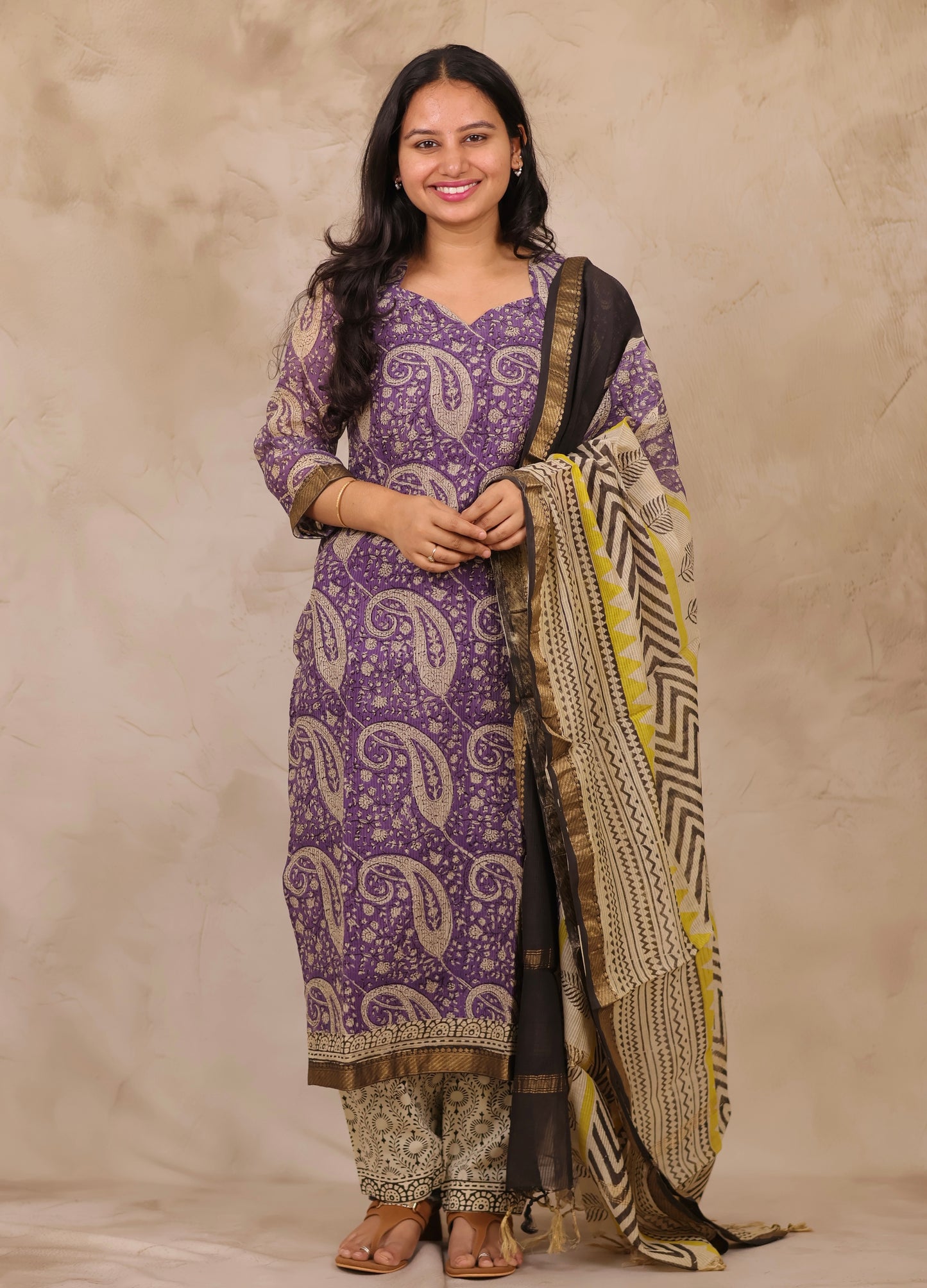 Lavender Handblock printed Pure Maheswari Silk 3 piece suit (stitched)