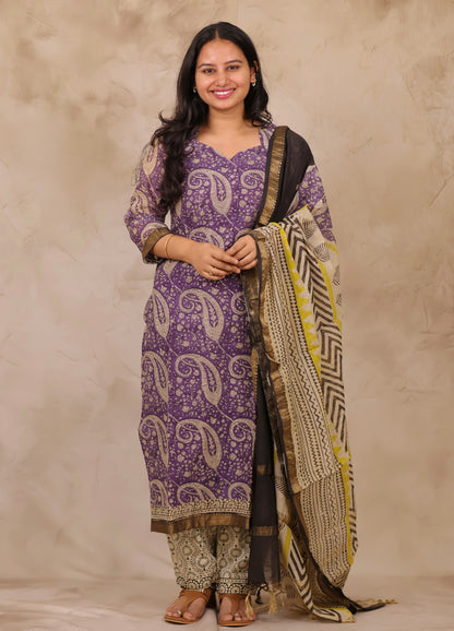 Lavender Handblock printed Pure Maheswari Silk 3 piece suit (stitched)