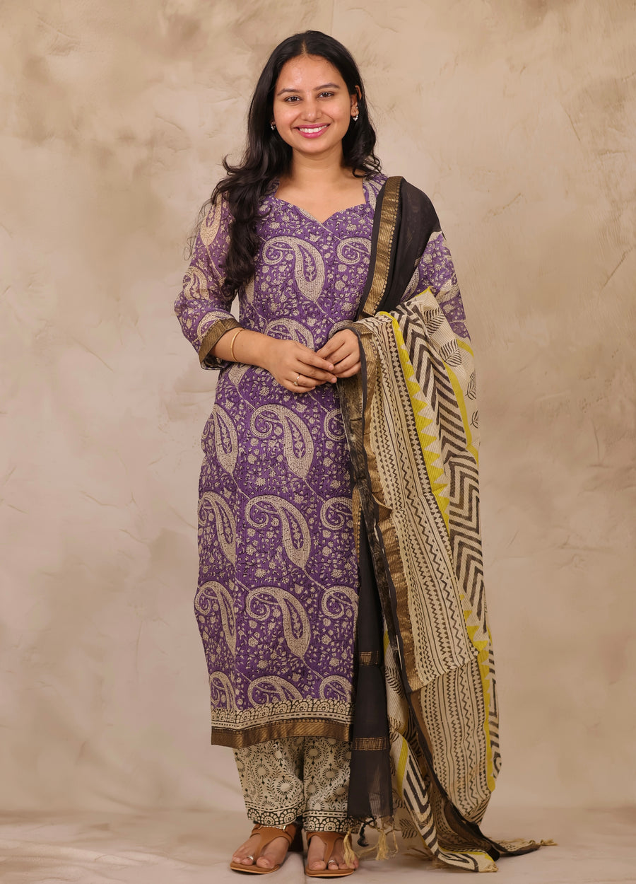 Lavender Handblock printed Pure Maheswari Silk 3 piece suit (stitched)
