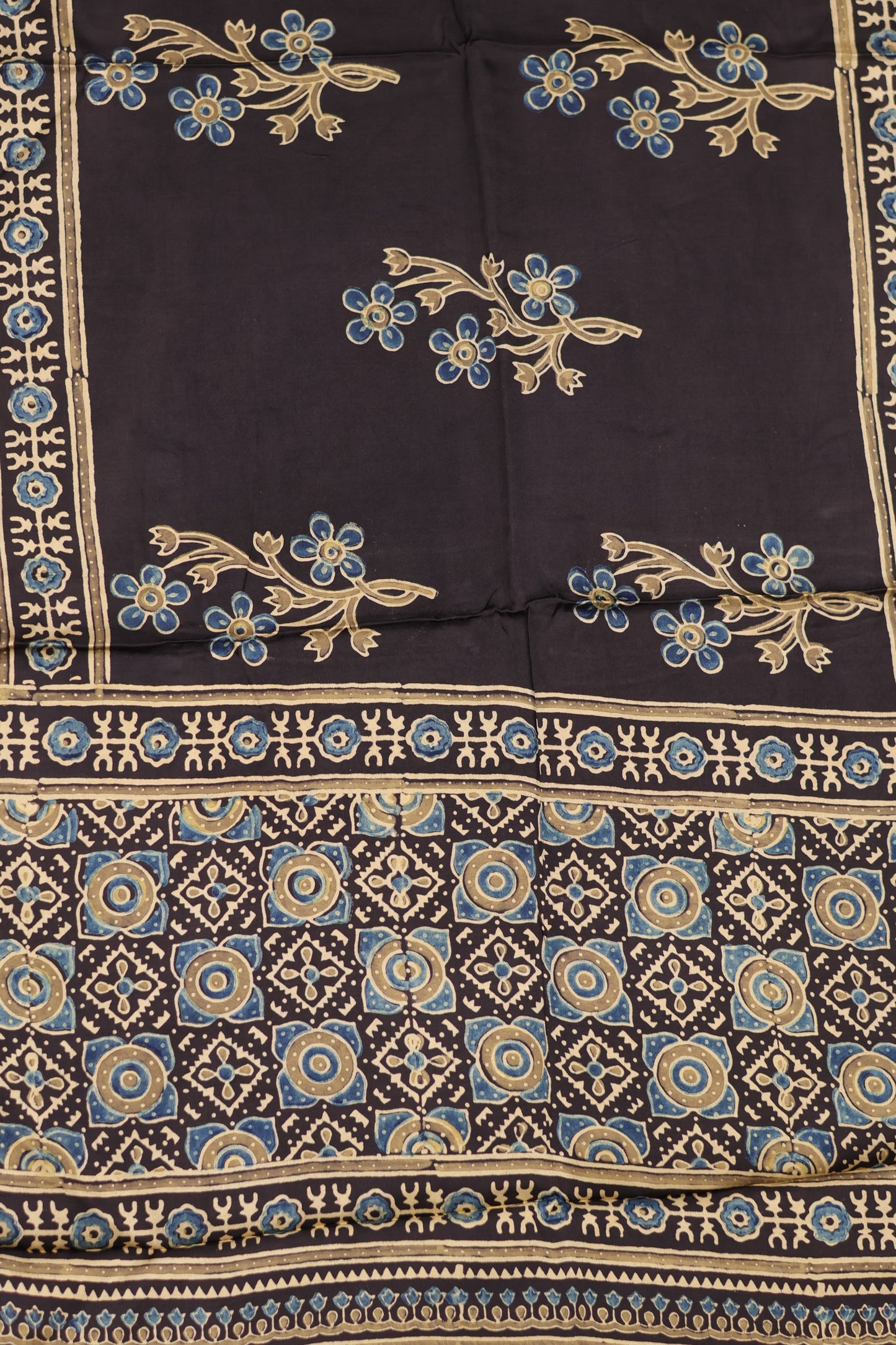 Black Ajrakh Hand Block Printed Modal Silk Stole | Looms & Tassels