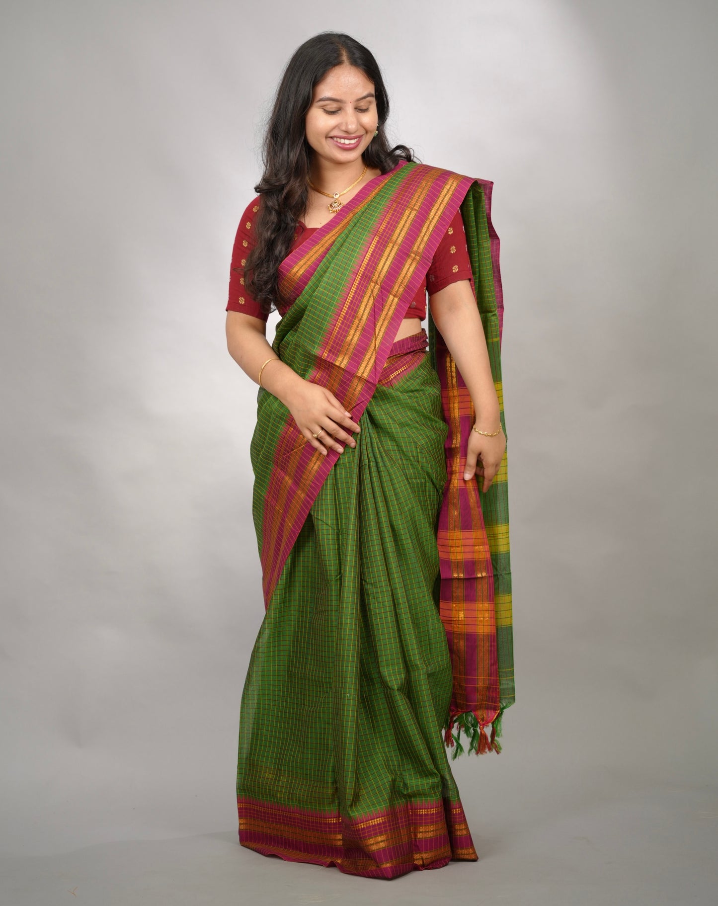 Parrot Green Checks Narayanpet Cotton Saree with Traditional contrast Border | Looms & Tassels