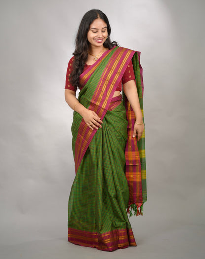 Parrot Green Checks Narayanpet Cotton Saree with Traditional contrast Border | Looms & Tassels