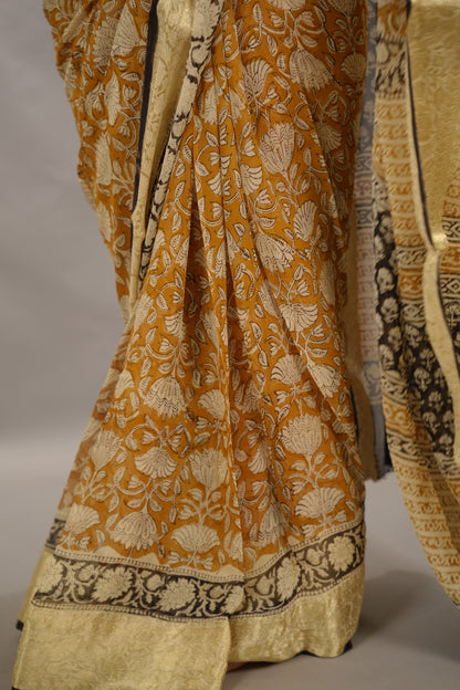 Mustard Chiffon Hand Block Printed Saree with Jari Border | Looms & Tassels