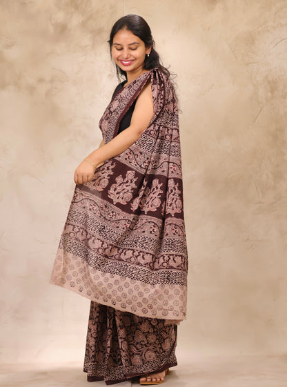 Deep Maroon Hand Block Printed Kalamkari Cotton Saree | Looms & Tassels