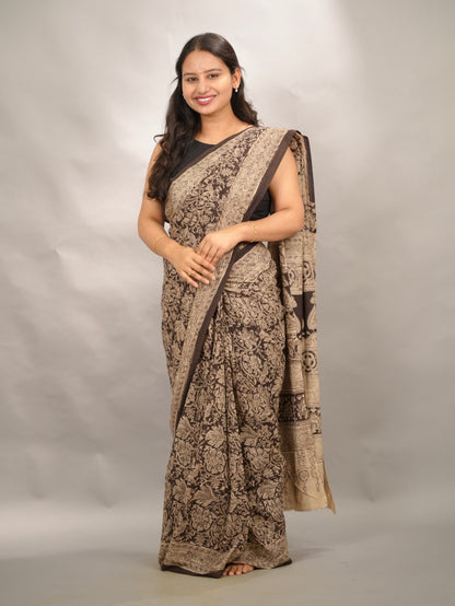 Black Hand Block Printed Kalamkari Cotton Saree | Looms & Tassels