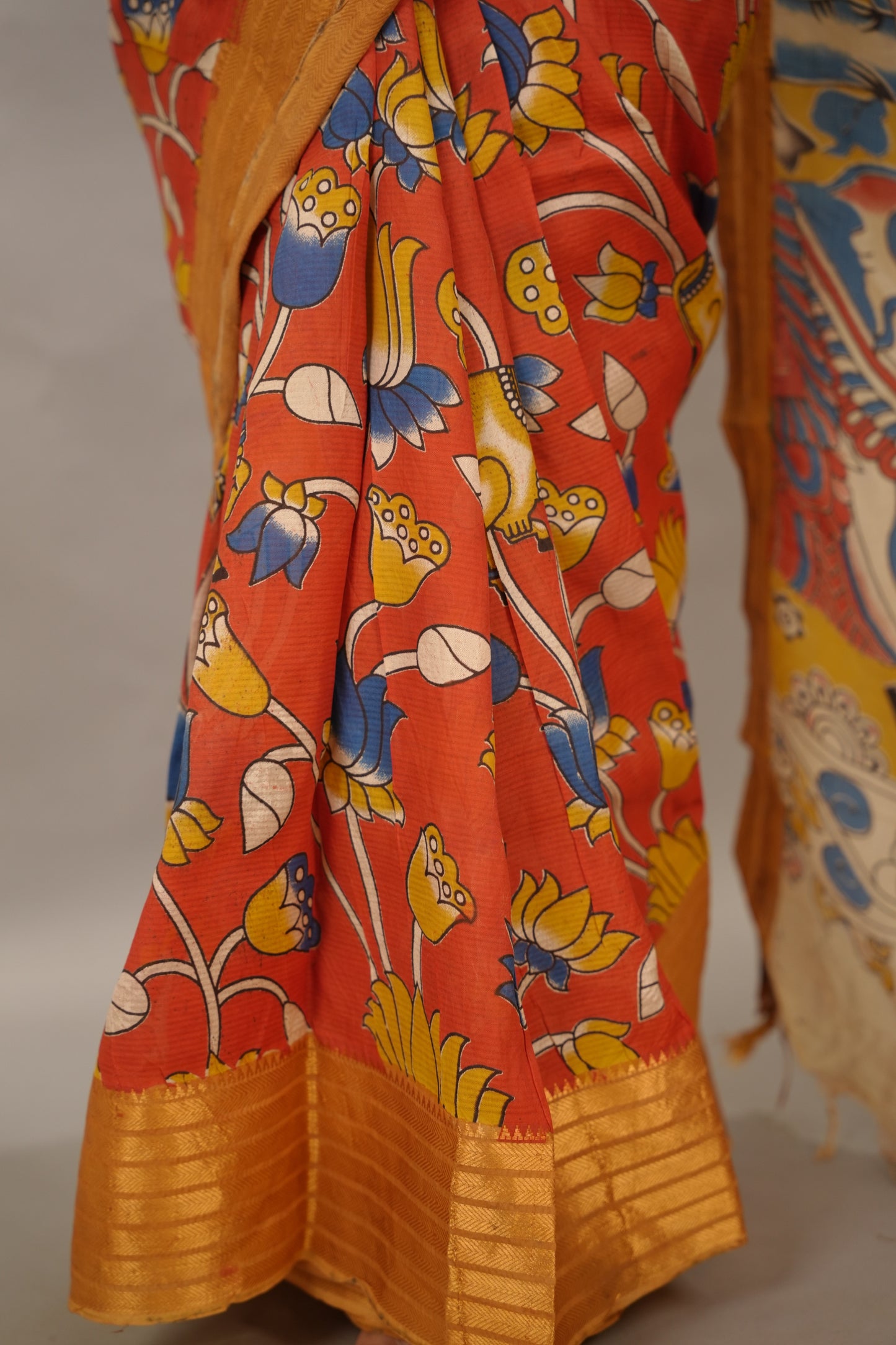 Rust Orange Kanchi border Kalamkari Chennur Silk Saree | Looms & Tassels