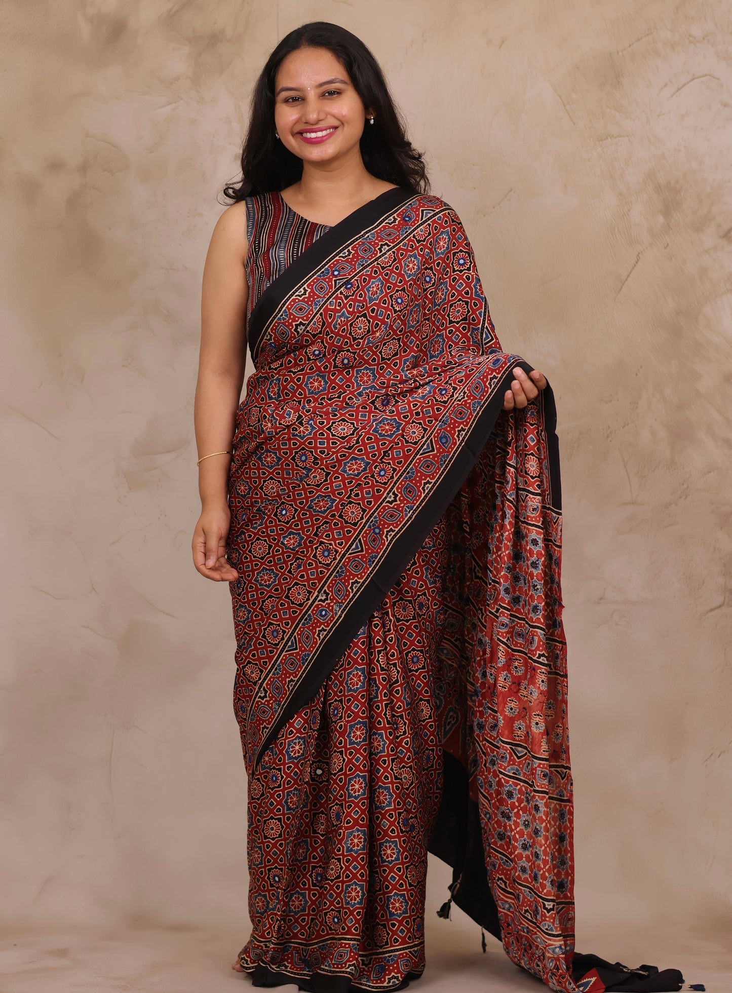 Red Handcrafted Ajrakh Modal Silk Saree with Authentic Banjara Mirror Work | Looms & Tassels