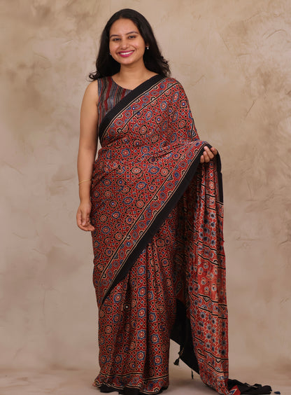 Red Handcrafted Ajrakh Modal Silk Saree with Authentic Banjara Mirror Work | Looms & Tassels