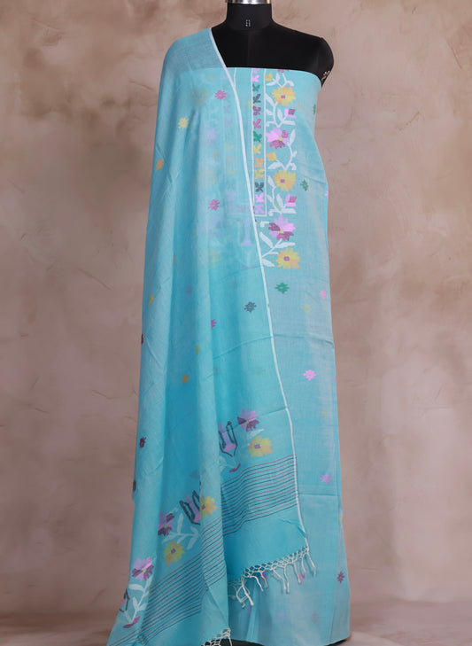 Aqua Blue Handwoven Jamdhani weaving pure Malai cotton 2 piece suit sets | Looms & Tassels