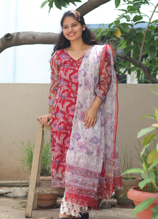 Red Handblock printed kota 3 piece suit (stitched)