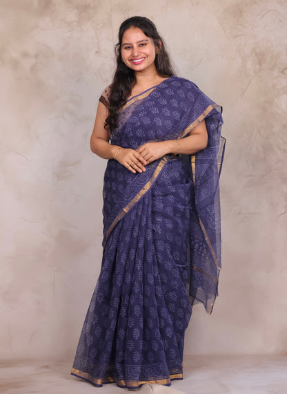 Blue Pure Kota Doria Saree with Bagru Handblock Prints | Looms & Tassels