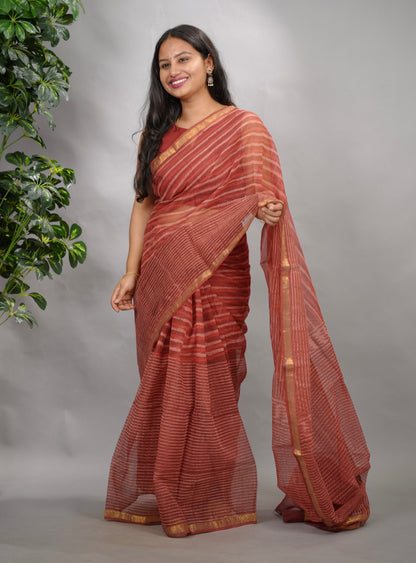 Maroon Stripes Contemporary Pure Kota Doria Saree with Bagru Handblock Prints